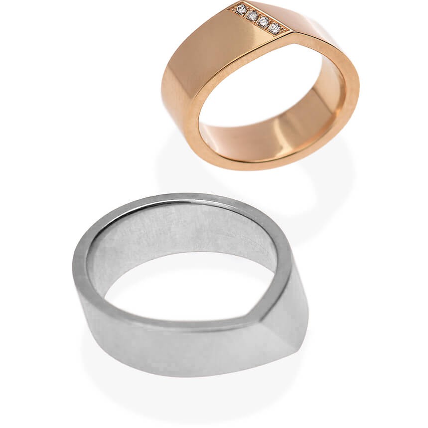 'Bond' ist ein Trauring-Unikat aus dem Hause Grosche. Dieser außergewöhnliche Ring wurde wie links abgebildet aus 750er Roségold mit Brillanten hergestellt, rechts aus 750er Weißgold.